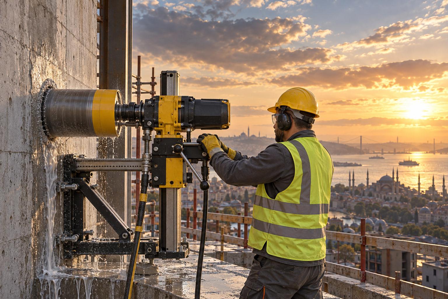 Işık Karot operatörü İstanbul’da bir binanın betonarme perdesinde su soğutmalı karot makinesiyle delik açıyor